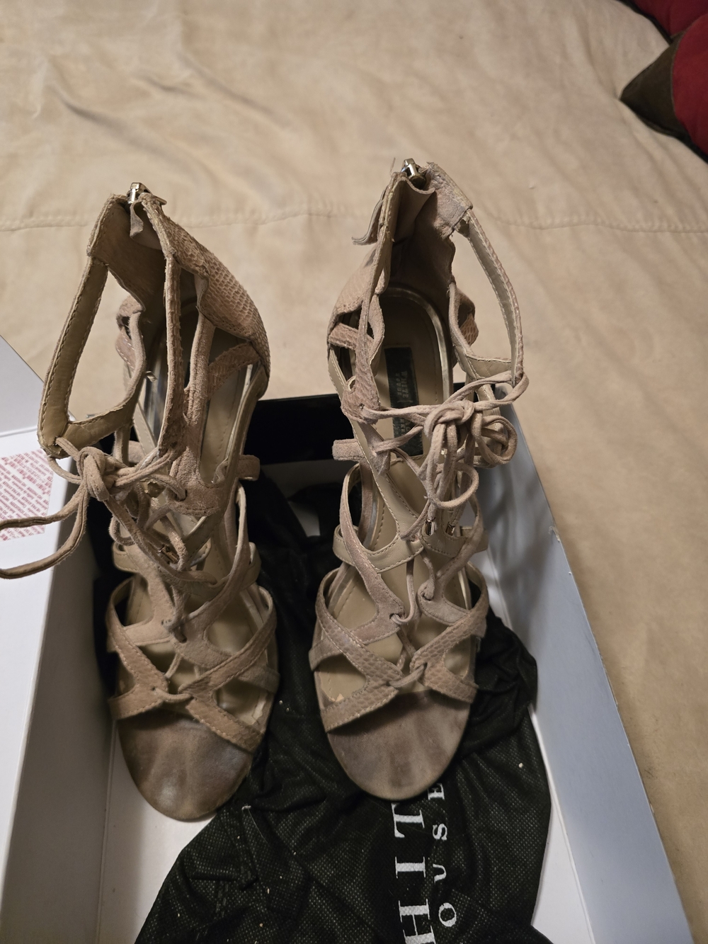 White House Black Market Taupe Lace-Up Strappy Heels